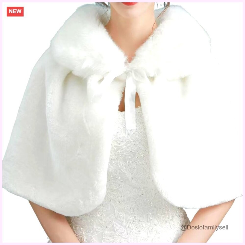 Faux Fur Collar Bridal Shawl Cape for Winter Weddings, One Size